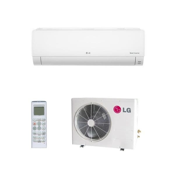 Prikaz DC LG inverter klima, unutrašnje jedinica, spoljašnje jedinica i daljinskog upravljača u beloj boji