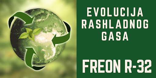 Zeleni banner sa natpisom Evolucija rashladnog gasa Freon R-32