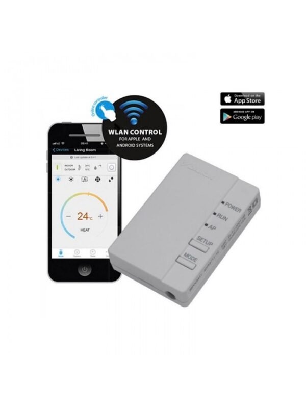 Daikin Wi-Fi modul za online upravljanje u beloj boji, i prikaz aplikacije za iOS